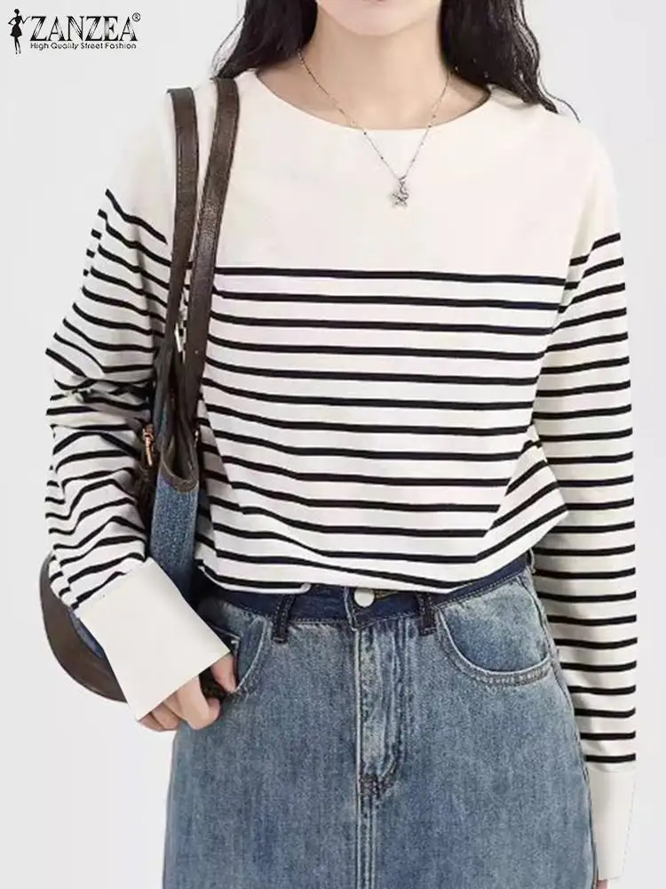 Zanzea coreano listras manga longa blusa feminina solta topos 2024 outono em torno do pescoço casual túnica moda escritório blusas trabalho túnica