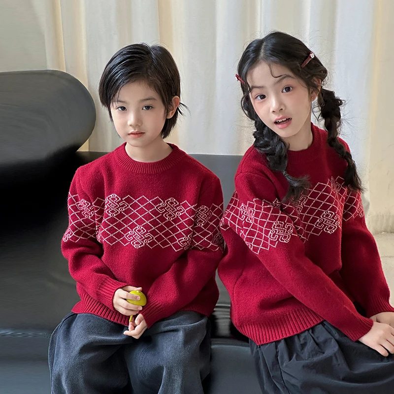 Winter 1-12 Years Girls Boys Sibling Brother Sister S-XXL Adults Mom Dad Family Matching Outfits Red Chinese New Year Sweater