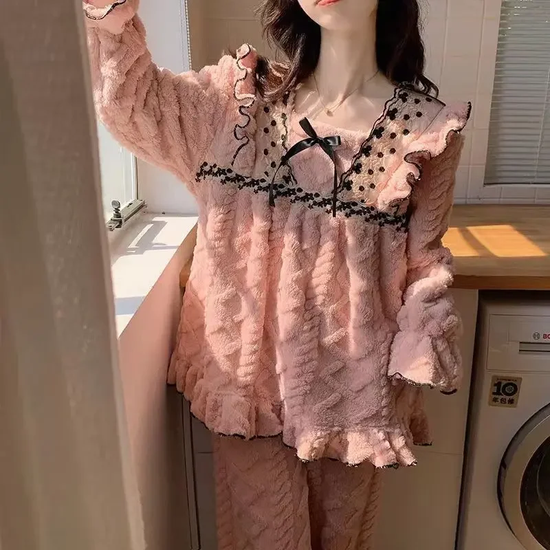 

Coral Velvet Pajama Lady Thickened Sweet and Lovely Flannel Homewear Two-piece Set Loungewear Women Square Neck Autumn/Winter