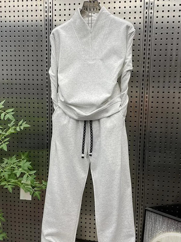 Fashion Outdoor Mens V Neck Two Piece Running Set Tops Pants Gym Fitness Sports Sets Jogging Solid Color Autumn Winter Tracksuit
