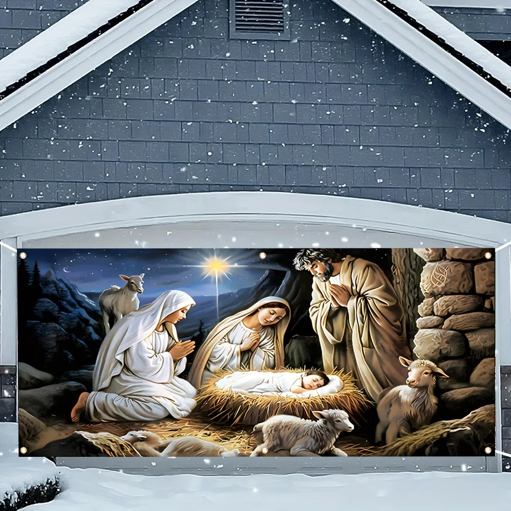 مشهد ميلاد كبير ولافتة جراج صلاة مريم العذراء - ألياف بوليستر متينة، مناسبة لتزيين عيد الميلاد #3