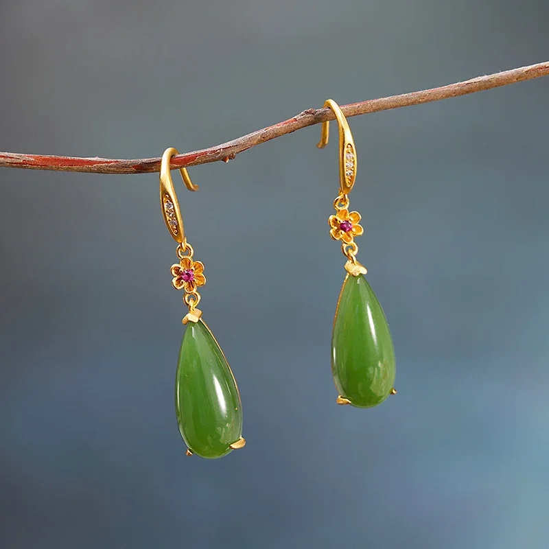 Designer original new flower inlaid drop-shaped Hetian jade earrings classical Chinese style ladies  jewelry