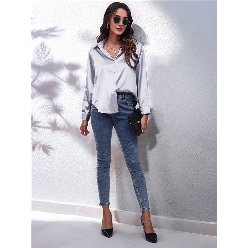 ABRT-Women's Satin Button Down V-Neck Long Sleeve Tops Summer Silk Blouses Fashion Spring Shirt 2025