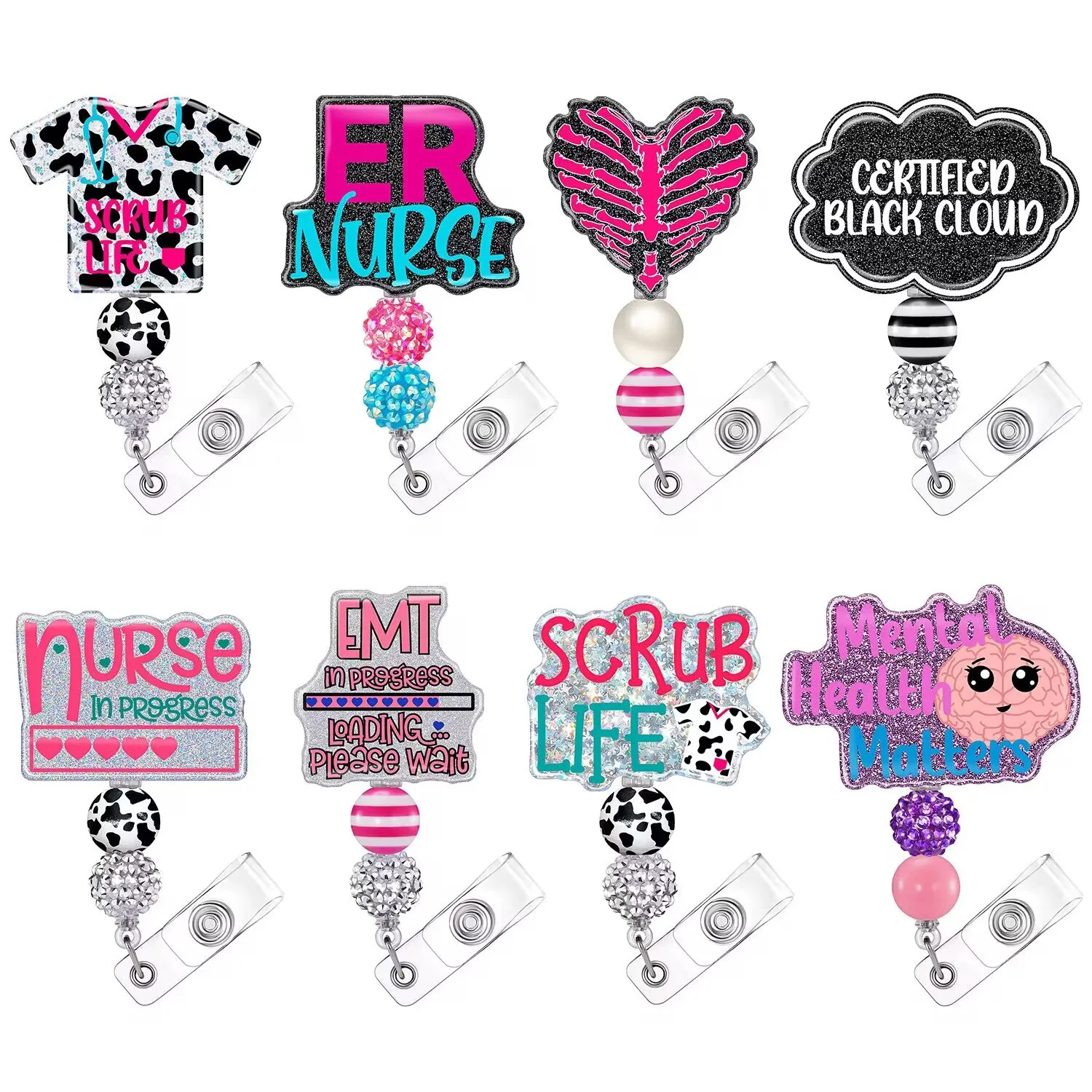 2026 New Design 1 Piece Shiny Acrylic Anime Beaded Retractable Nurse Badge Reel Doctor ID Card Holder Alligator Clip Key Lanyard
