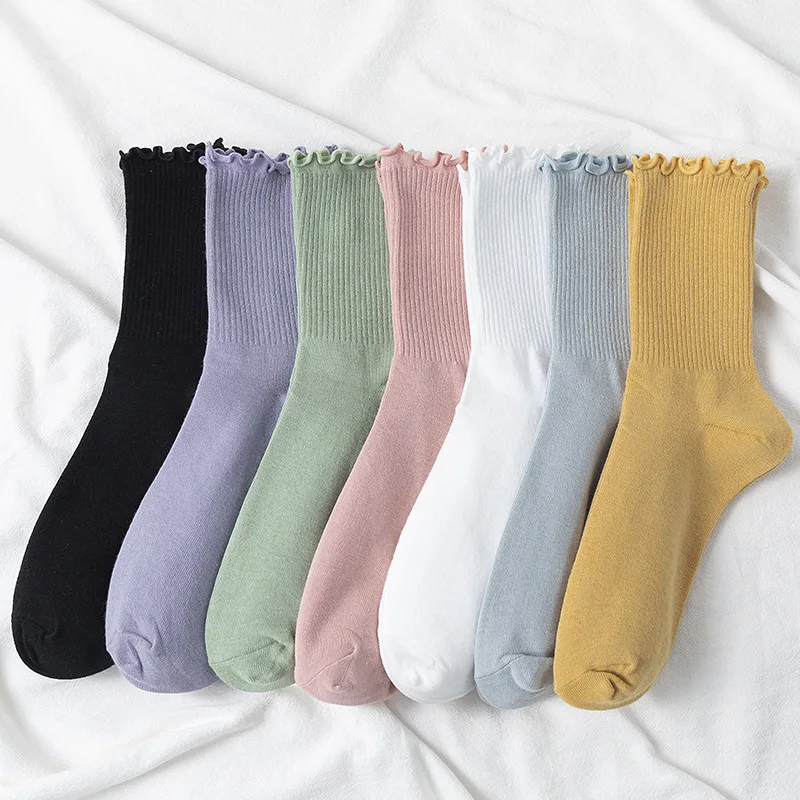 

2 Pairs New Flower Edge Socks Women Autumn Solid Color Baita Cotton Socks Women's Breathable And Sweat-Wicking Fashion Stockings