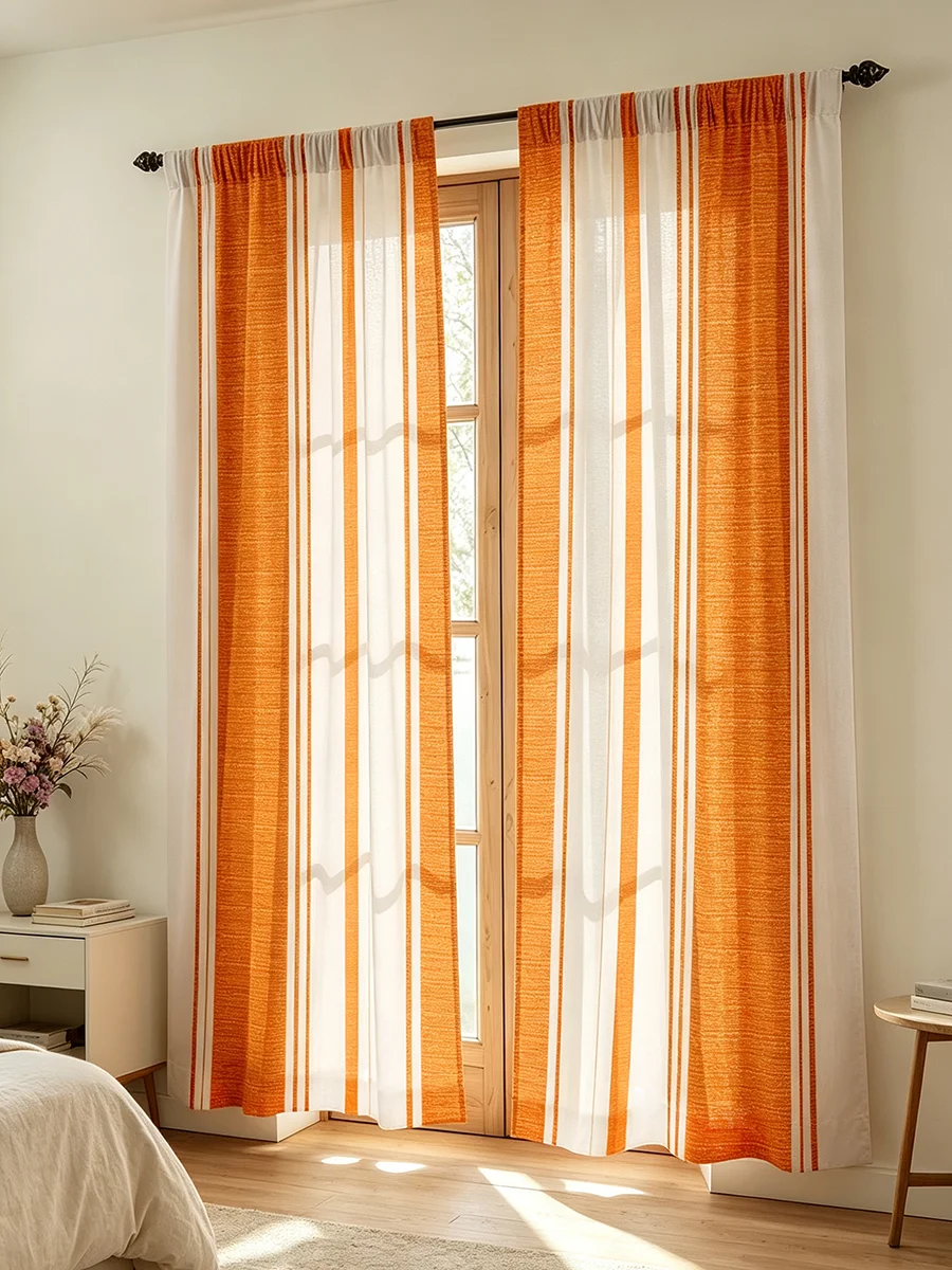2PCS Digital Print Sheer Curtain,Orange White Vertical Stripe Pattern,Minimalist Style For Bedroom Living Room Decor