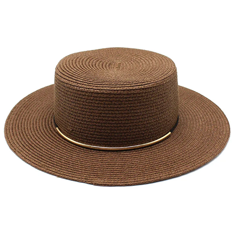 Summer Women Sun Hats Straw Caps 56-58cm Flat Brim Topper Hat Simple Thin Strap Travel Beach French Style TY0225