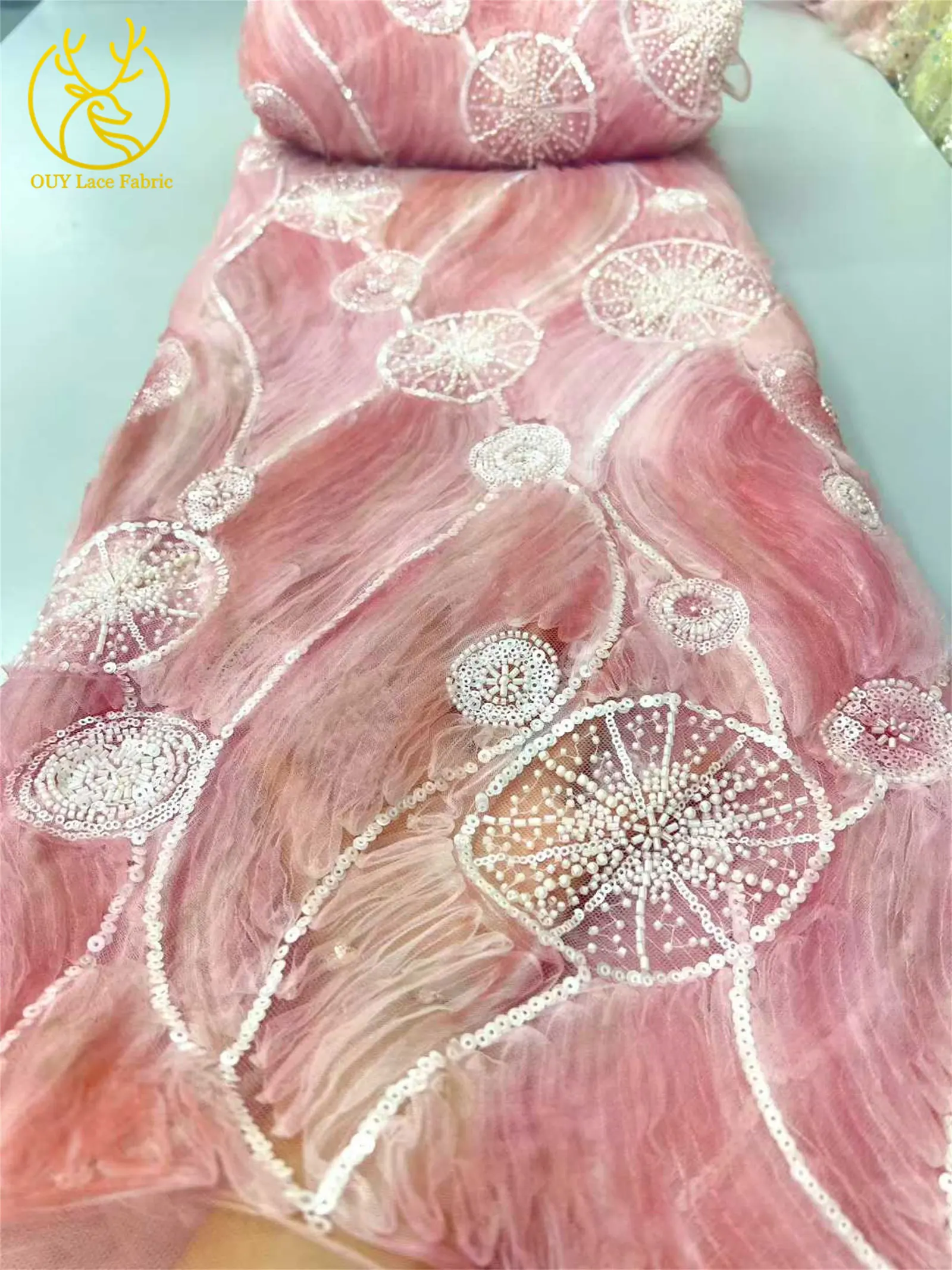 美しいエレガントなアフリカのスパンコールレース生地2025フランスナイジェリアチュールメッシュビーズレース生地、ウェディングドレス縫製用