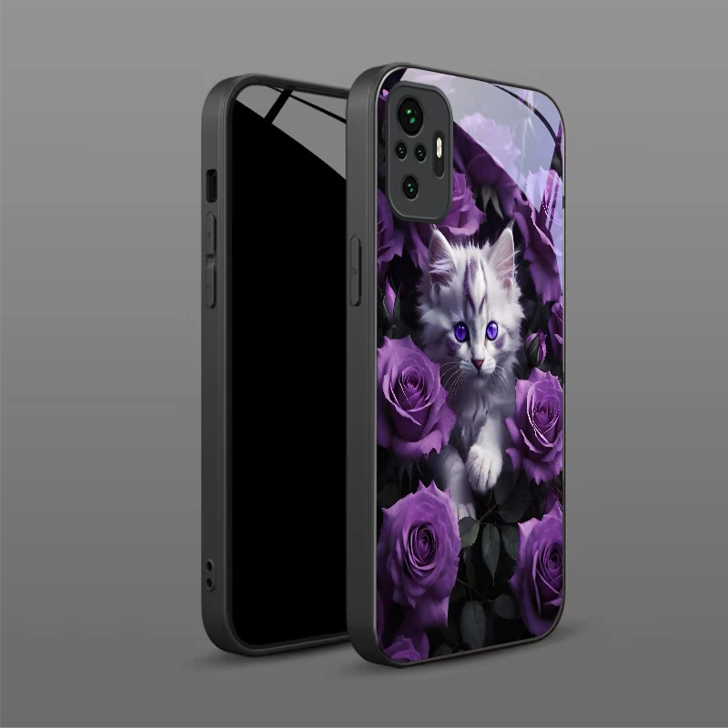 Coque de téléphone en verre noir avec motif chaton et roses violettes pour Redmi Note 8 9 9S 12S 10 Pro 11 12 13 Pro 14 Pro K60 13C 14C 3 12C 13