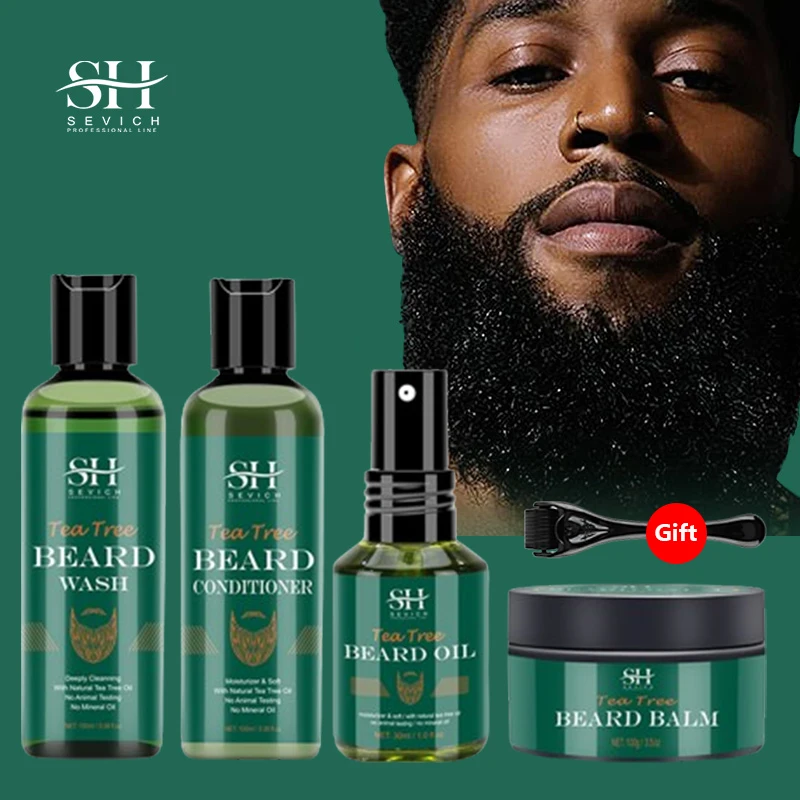 Beard Growth Kit Tea Tree Beard Grooming Kit Fast Hair Growth Shampoo Anti Hair Loss Moisturizing Hair Moustache Oil Beard Care