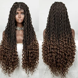 Lace Front Synthetic Faux Locs Wig Curly Ends 9x6 Lace Curly Faux Locs Wig 32 Inch Knotless Long Curly Afro Box Braided Wig