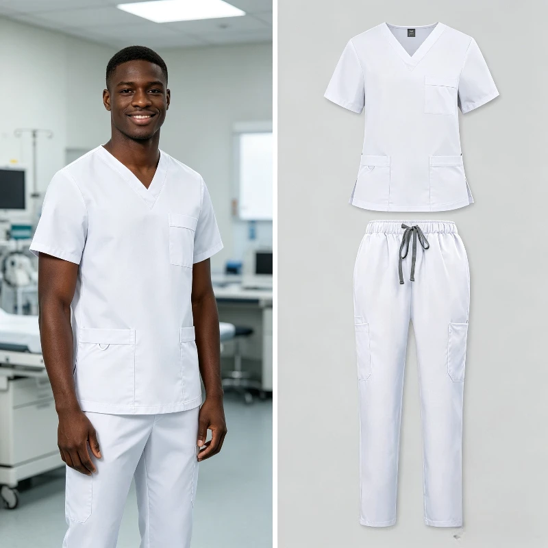 Men Short Sleeve Two Piece Scrub Set Top And Pants Breathable Dual Side Pockets Work Uniform For Hospital Clinic Doctor Nurse
