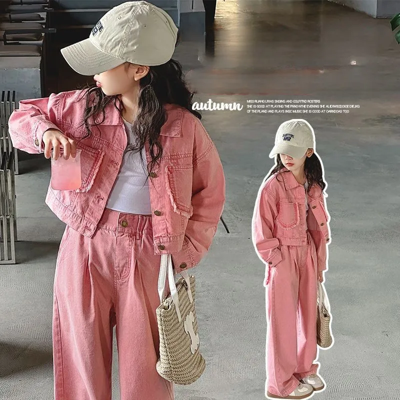 5-15Years Girls Autumn Suit Kids Soft Cowboy Coat+Floor Coveralls Two-piece Suit Korean Version Solid Color Street Dance Pants