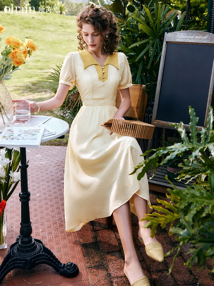 

OLrain Summer Long Dresses 2025 Woman Elegant Contrast Polo Collar A Line Fitted Dress Robe Femmes Women's Clothing O22XL01616