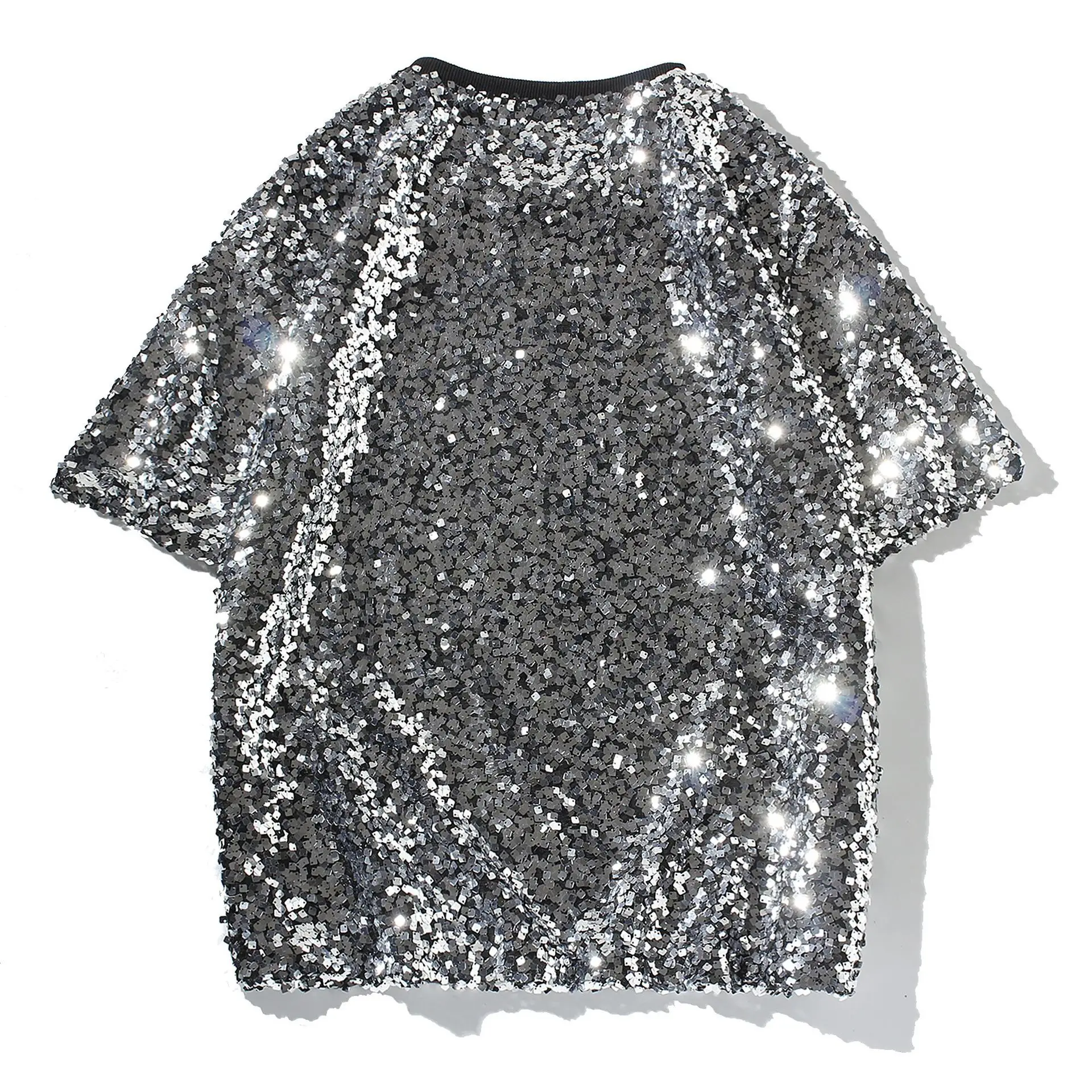 Loose Crew Neck Short Sleeve Tee Shiny Reflective Sequins Unisex Men Women Stage Performance Costume for Party Singer Show Wear