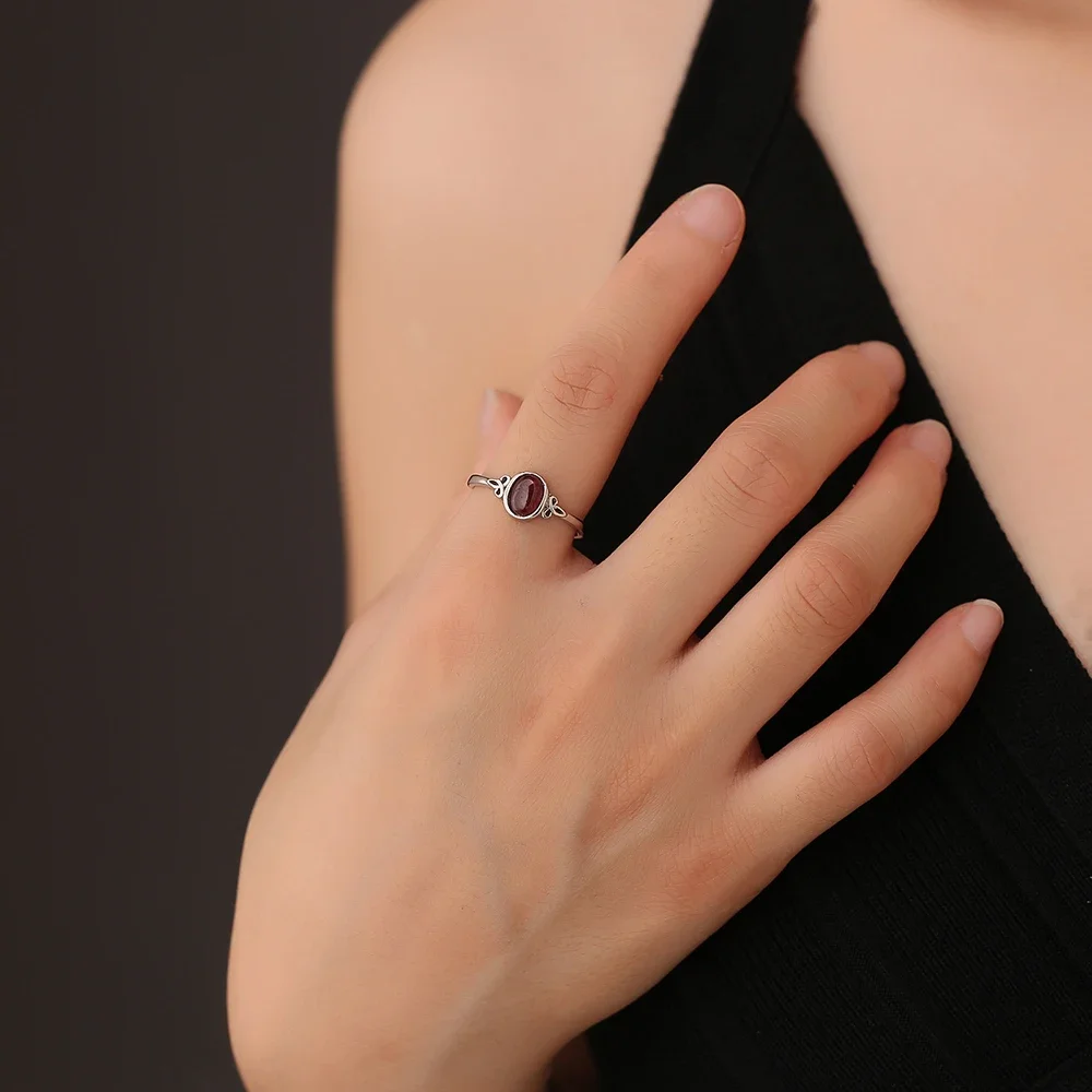 Sterling 925 Silver Ring Garnet Natural Amethsyt/Moonstone 7x5mm Oval Birthstone Gemstone Adjustable Bands Boho Jewelry Gift