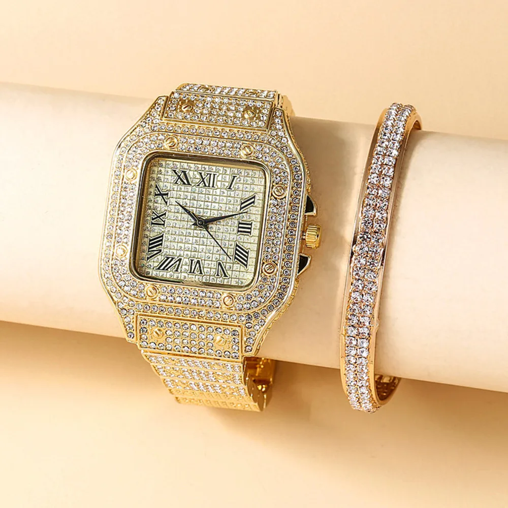 Iced Out Watch + Bangle for Women Bracelet Iced Out Watch for Women Simple Luxury Gold Watch Set Jewelry Set Relojes Para Mujer