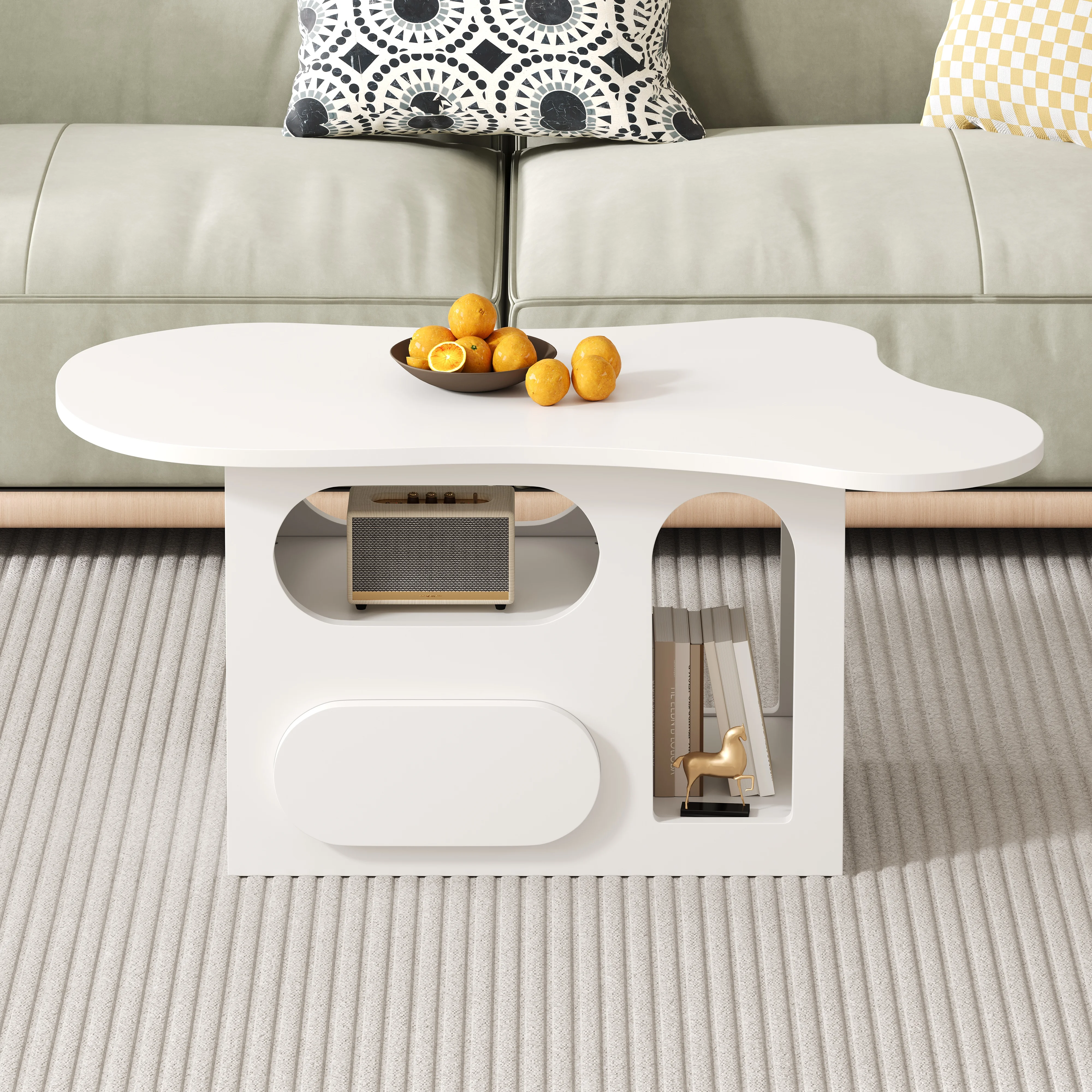 PINGGO Table basse en forme de nuage 97x45x43,5 cm avec tiroirs et compartiments de rangement ouverts, meubles de salon