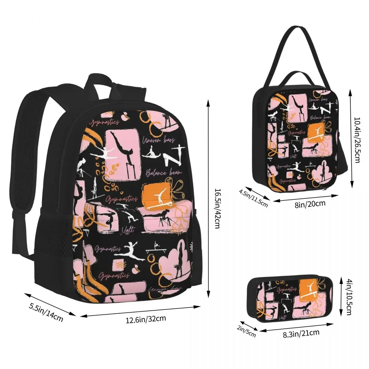 Artistic Gymnastics Print Backpacks Boys Girls Bookbag Children School Bags Cartoon Rucksack Lunch Bag Pen Bag Three-Piece Set