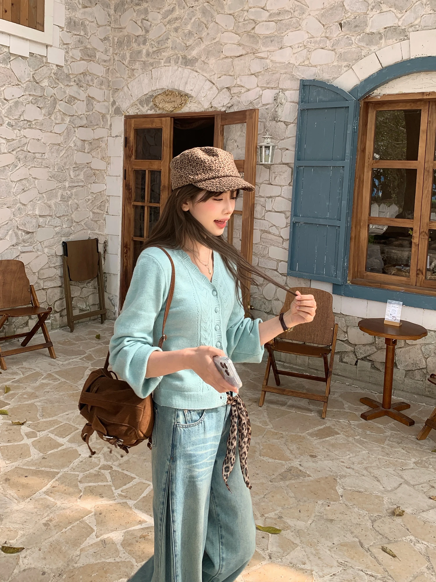 

Spring Design Loose White Sweater Small Cro Quali V-ne Button-up Casual Sle Pure Color Polyester Nylon Blend Sweater