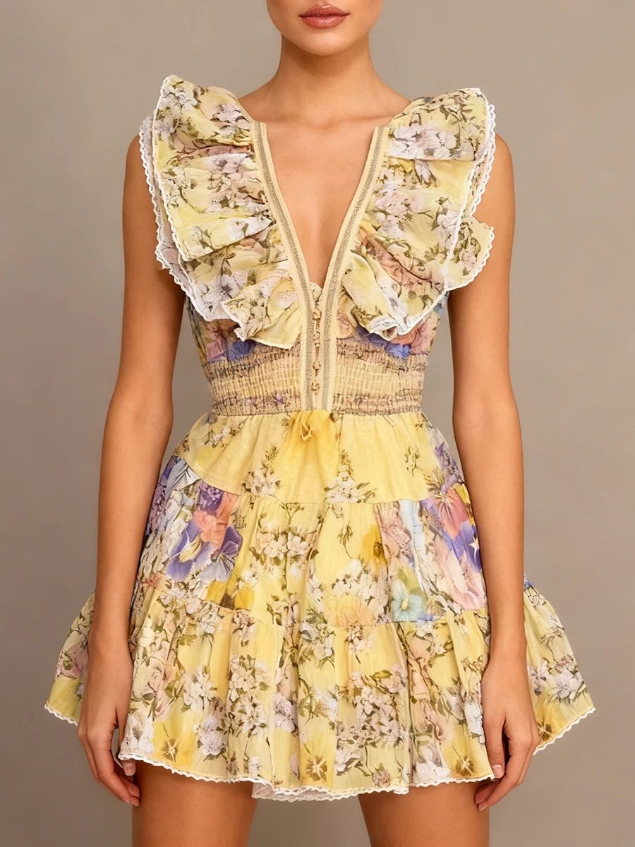VGH Floral Printing Tunic Ruffles Dresses for Women V Neck Flying Sleeve Patchwork Single Breasted Sexy Short Dress Female New