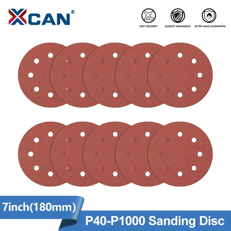 

XCAN 10 шт., 7-дюймовый шлифовальный диск, 8 отверстий, набор подушечек для наждачной бумаги, крючок и петля, зернистость 40-1000, флокирующая наждачная бумага для полировки, шлифования