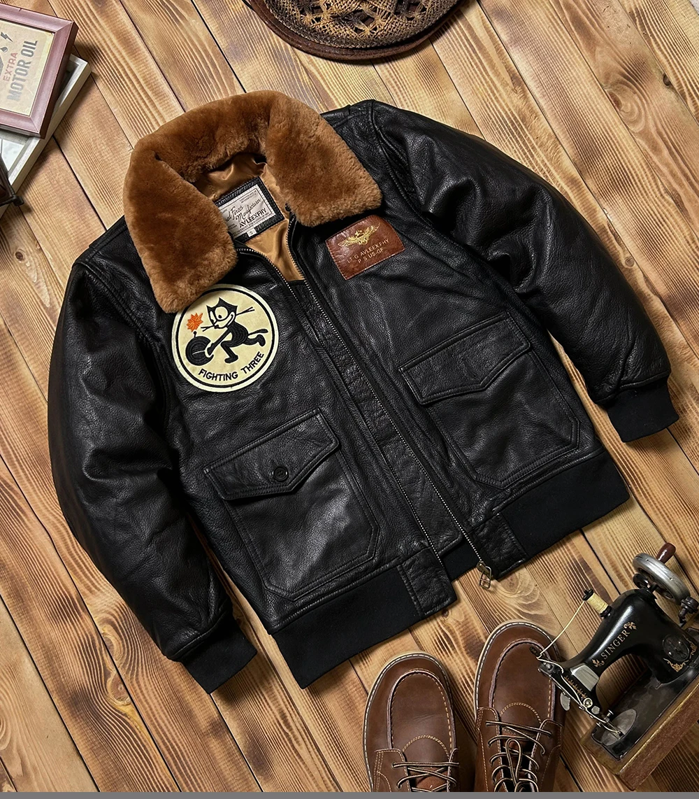 Black Autumn Pilot Leather Jacket Men Military Style Wool Collar Plus Size 3XL Genuine Natural Sheepskin Flight Leather Coat