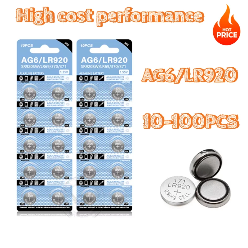 AG6 Watch Battery Alkaline 1.55V Button Coin Cell 371 SR920SW LR920 SR927 171 370 L921 LR69 SR920 Electric Toy Remote Control