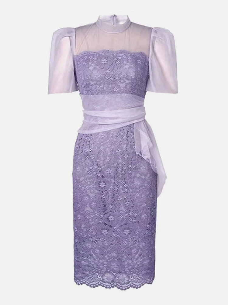 Robe de soirée en dentelle violette pour femme, manches bouffantes, mince, mi-longue, élégante, transparente, sexy, fête, Rh, vacances, mode, été