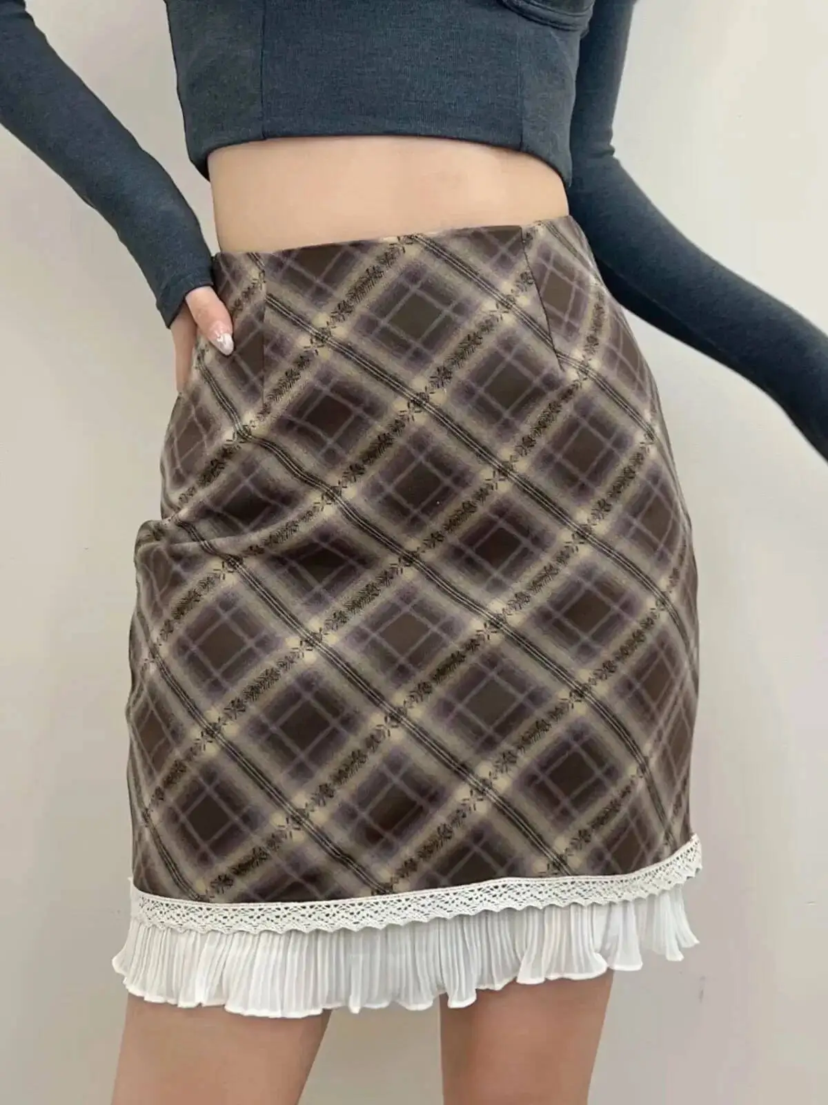 

Женская юбка-миди с высокой талией в клетку, облегающая, с кружевными вставками, модель 2026 года, H1IH