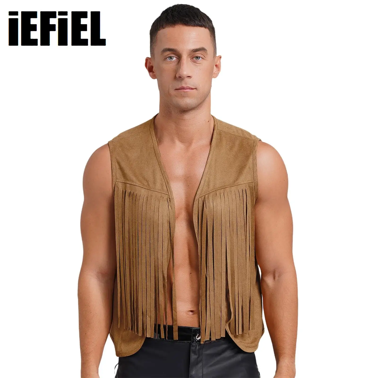 Men's Fringe Hippy Waistcoat Cowboy Short Vest Vintage Open Front Loose Suede Tank Top Western Costumes for Halloween