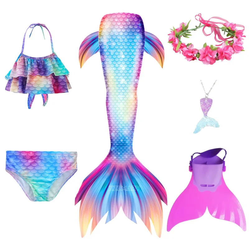 Kids Girls Swimming Mermaid Tail Mermaid Costume Cosplay Anime Children Swimsuit Fantasy Beach Bikini and Monofin Fin Halloween