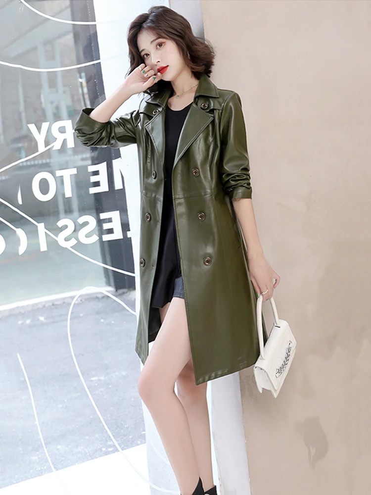 2024 Spring Autumn Sheep Leather Long Trench Coat Women Double Breasted Slim Trench Coat Female Outwear Fashion Windbreaker