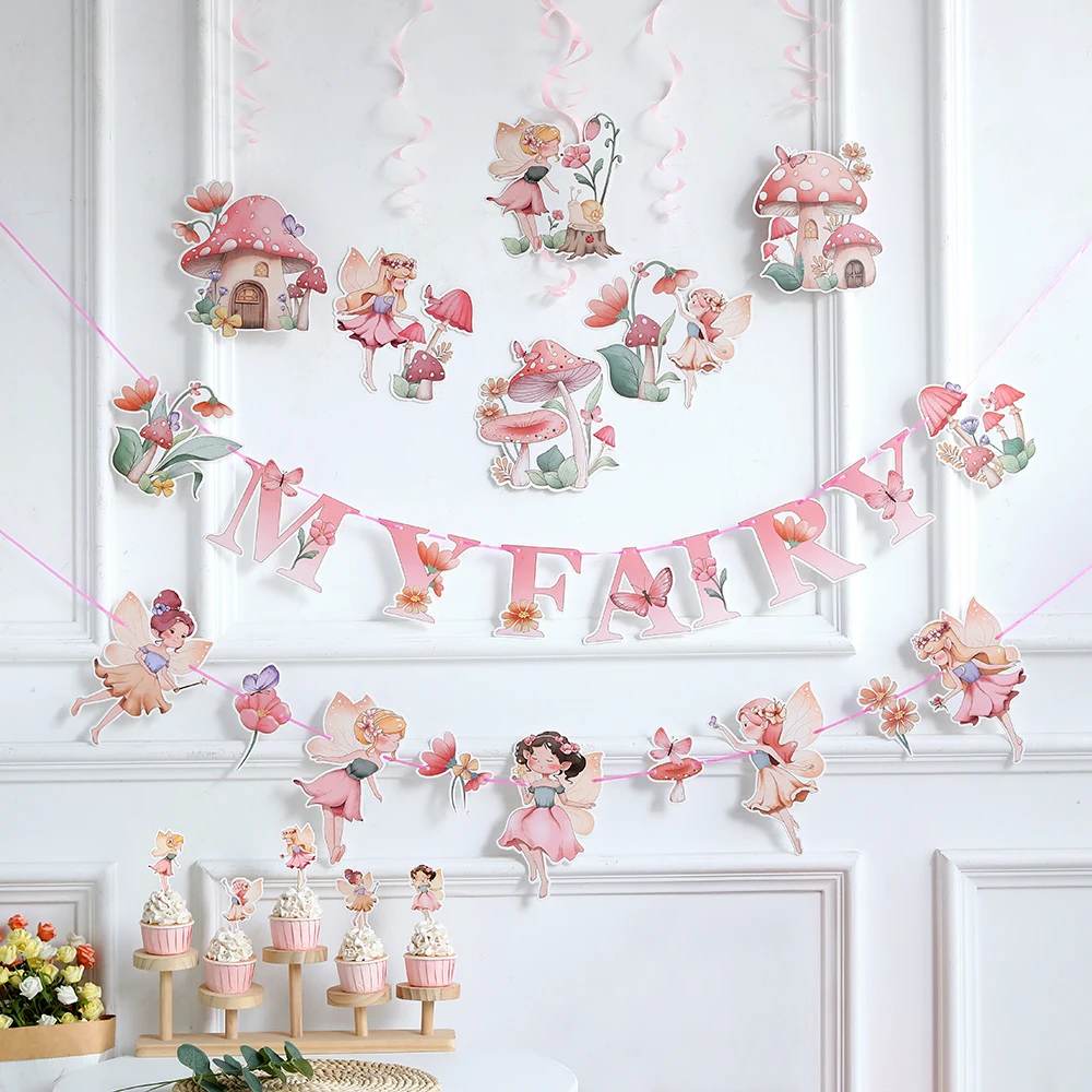 Pink Fairy Banner Flag Hanging Spiral Garlands Pendants Cake Topper DIY Flower Fairy Birthday Party Decor Supplies Baby Shower