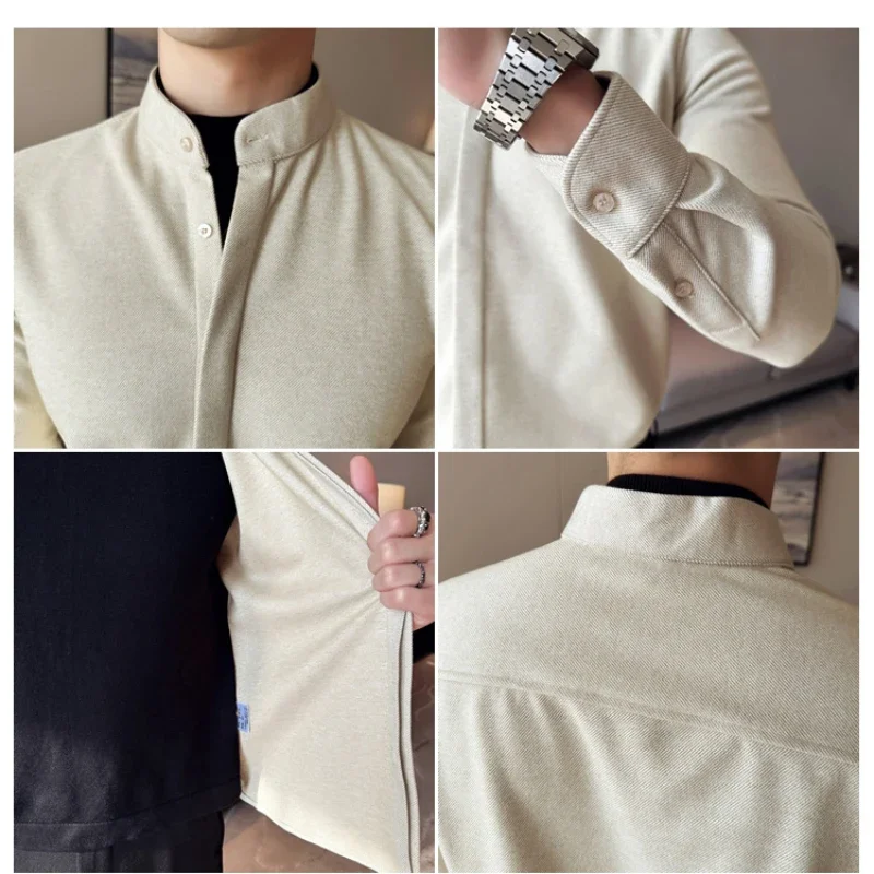 Fake Two-Piece Casual Shirt Sweater, Brown Slim Men's Half-High Collar Top, Brushed Fabric Stand Collar Shirt M319