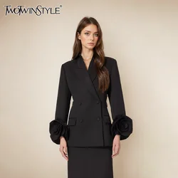 TWOTWINSTYLE Solid Temperament Coat For Women Notched Collar Long Sleeve Patchwork Appliques Vintage Balzer Female Fashion Style