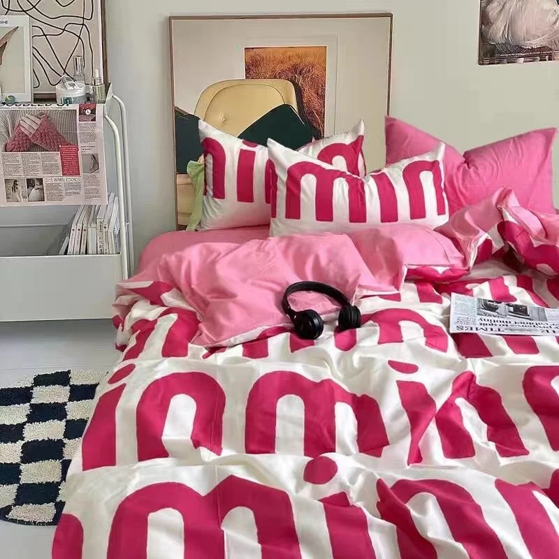 Imagem -06 - Conjunto de Cama Rosa Estilo Coreano para Meninas Lençol Plano Fronha Roupa de Cama Capa de Edredão Gêmeo Rainha Crianças Moda Adulta