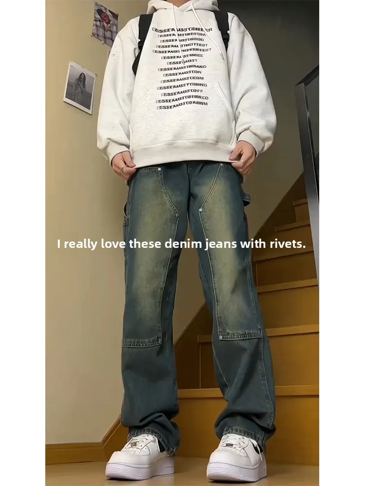 

Retro American Blue Rivet Jeans Men's Design Sense Waed High Street Trend Loose Straight Workwear Logging Pants