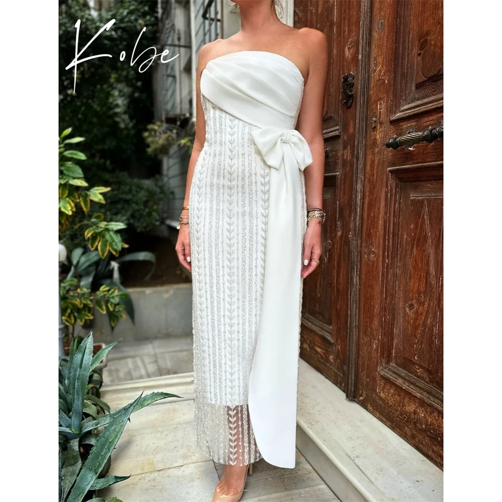 

Kobe White Prom Dresses Strapless Sleeveless Customized فساتين سهرات Bow Straps Ankle-Length Chic vestido de gala noche mujer