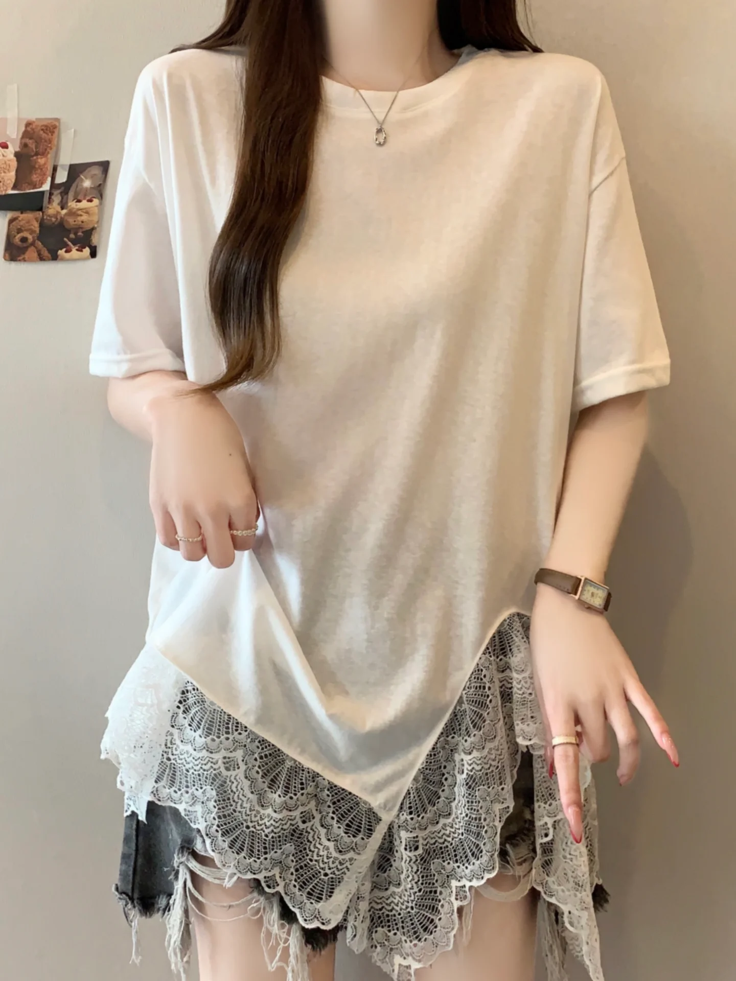 Lace Splice Short Sleeve T-Shirt Women's Summer Base Shirt plus Size Slimming Mid-Length Butt Covering Top Korean Style Commute