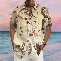 Fashionable Summer Men's Essential Cartoon Character Pattern Fashion Short Sleeved Shirt for Hawaii Beach Travel