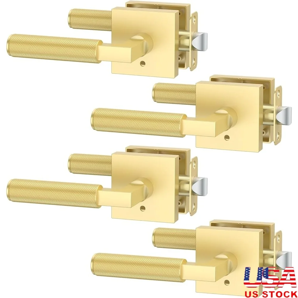 

4 Pack Gold Interior Privacy Door Handles Knurled Lever Lock Heavy Duty Square Door Knobs Easy Installation Bedroom Bathroom