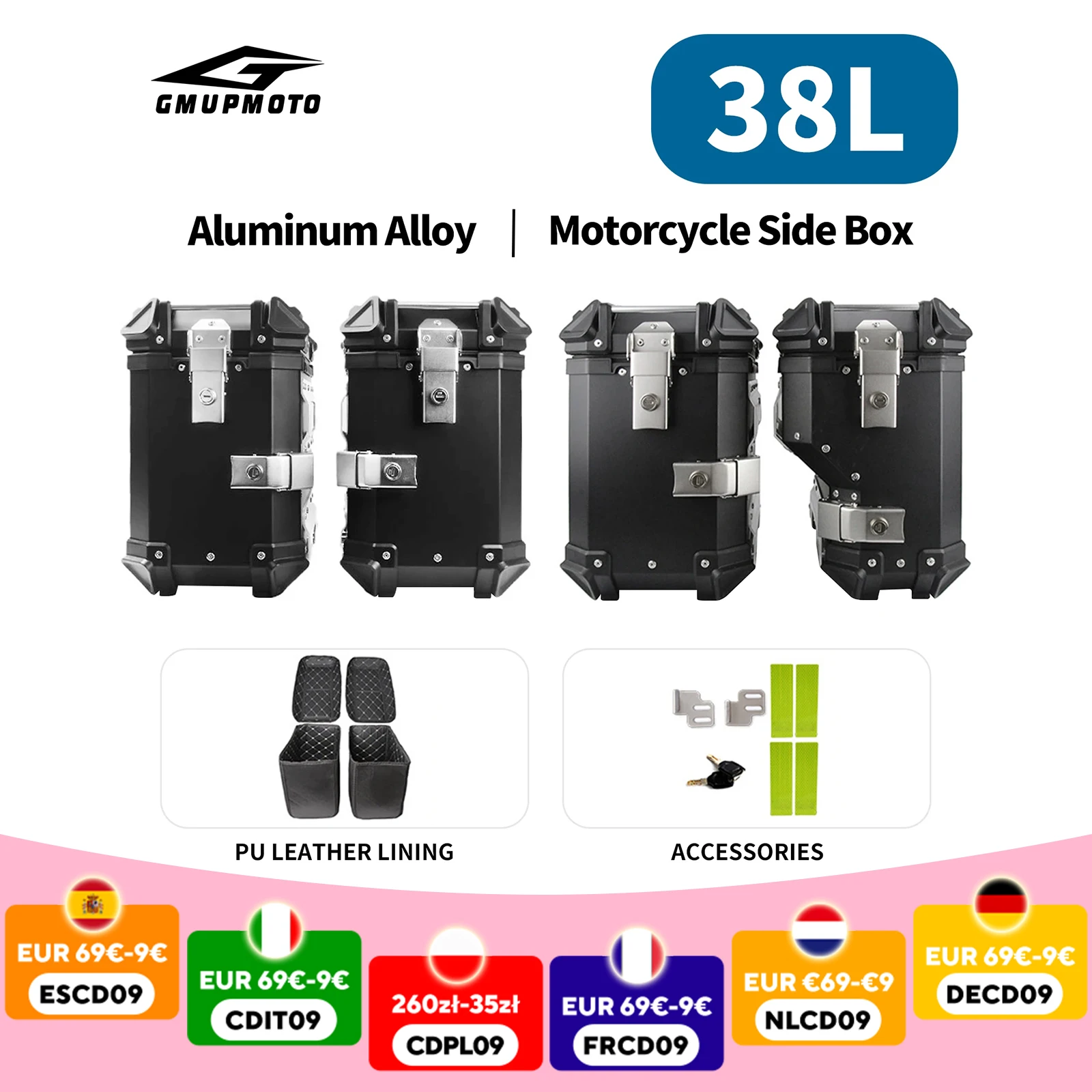 Boîte latérale de moto 38l, sacoche de moto en aluminium, valise latérale noire à dégagement rapide, fixation rétractable et mécanisme d'attache de sécurité arrière, boîte à outils étanche