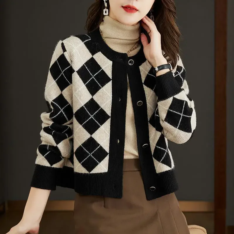 Spring Autumn Sweater Fashion Round Neck High Waist Wool Sweater Cardigan Jacket Women's Short Knitted Coat Shawl Outerwear