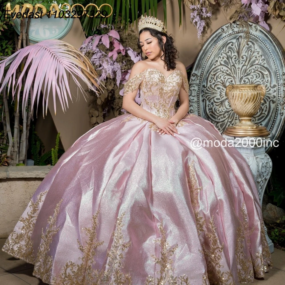 

EVLAST Mexican Pink Quinceanera Dress Ball Gown Gold Lace Applique Beading Crystal Corset Sweet 16 Vestido De 15 Anos TQD931