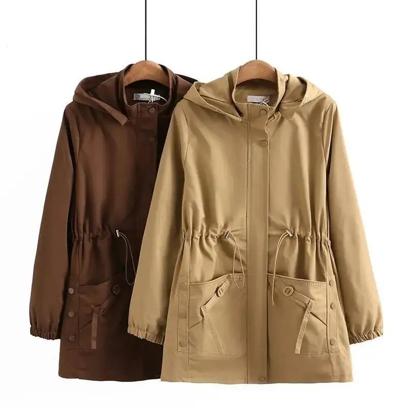 

Women Trench Coat 2025 New Solid Mid Long Hooded Windbreaker Middle Aged Mothers Clothes Large Size Female Outerwear