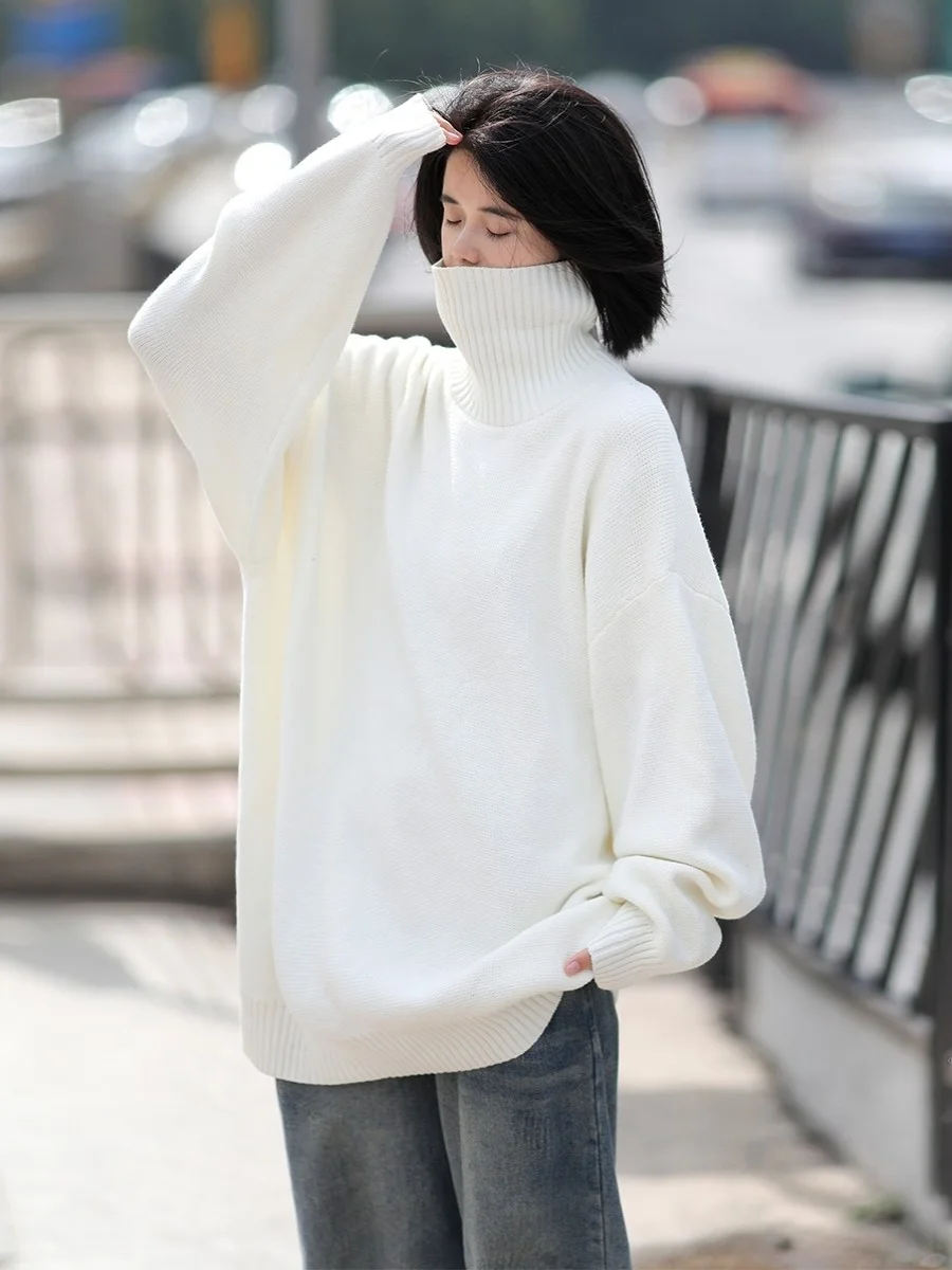 

American Lazy Sle High Collar Sweater Loose Long Sve Women's Knitted Base irt Retro Pure Color Match Couples Autumn Wi...
