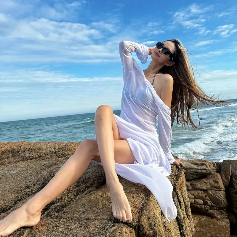 Vestido largo transparente sin espalda para mujer, elegante vestido de playa de cintura alta con manga larga empalmada blanca