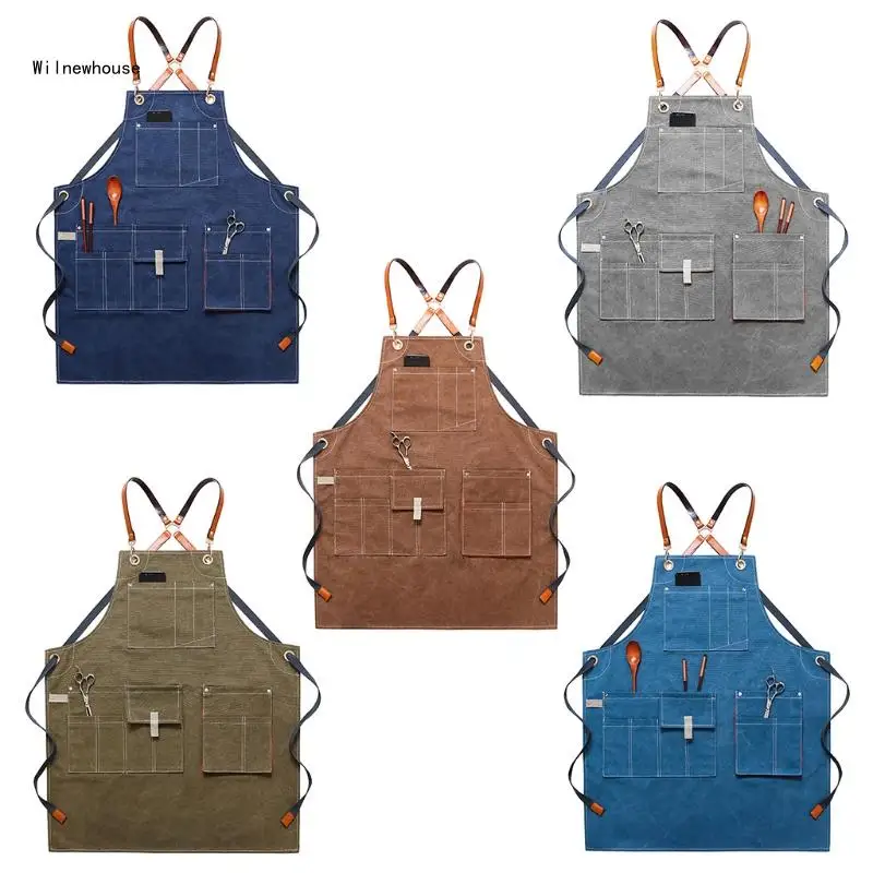 

Woodworking Shop Aprons for Men Women Canvas Work Apron with Pockets Adjustable for Cross Back Straps Kitchen Cooking Dropship