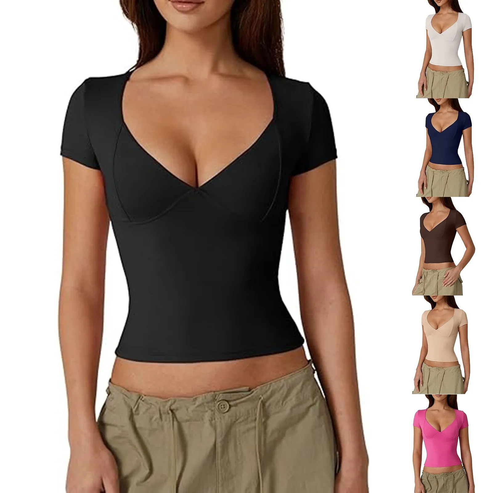 Women'S Crop Tops Sexy Slim Fitting V-Neck T-Shirt Daily Dance Training Yoga Short Sleeved Solid Color Comfortable Soft Tops